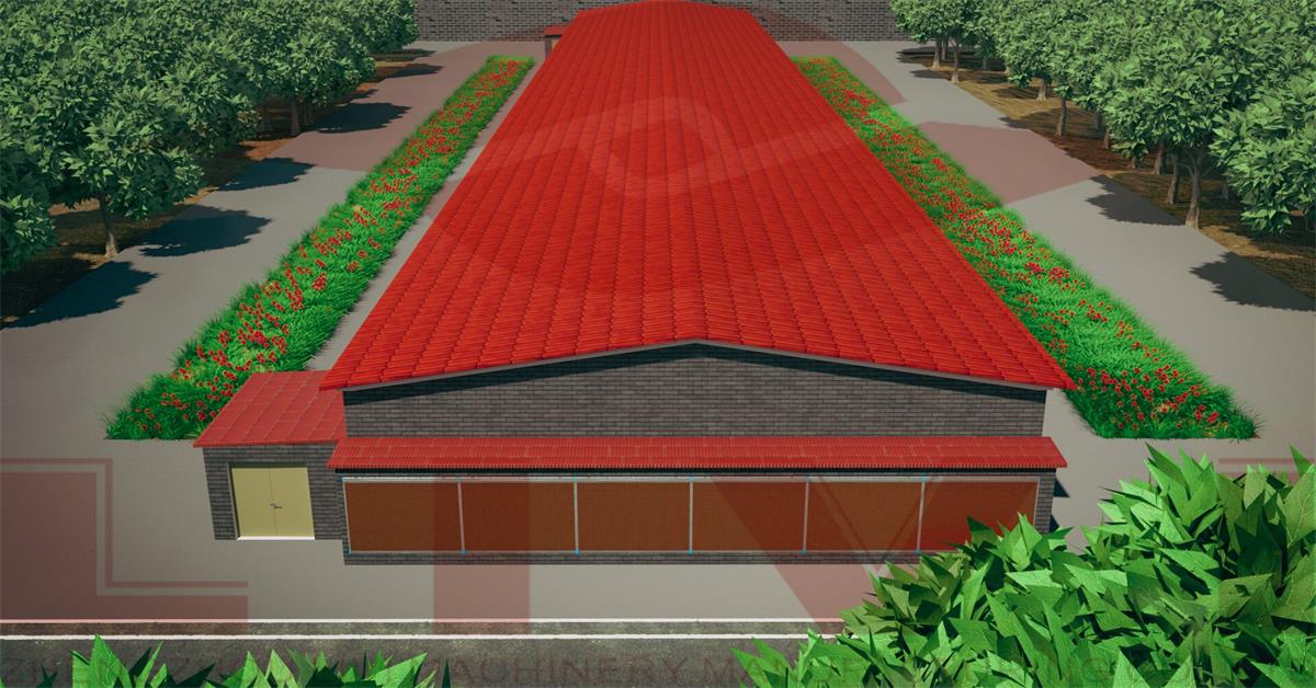 3D rendering of poultry farm building with feed silo front view, 86m x 12m broiler house designed for 30,000-bird H type cage system in Sierra Leone