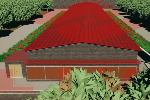 3D rendering of poultry farm building with feed silo front view, 86m x 12m broiler house designed for 30,000-bird H type cage system in Sierra Leone